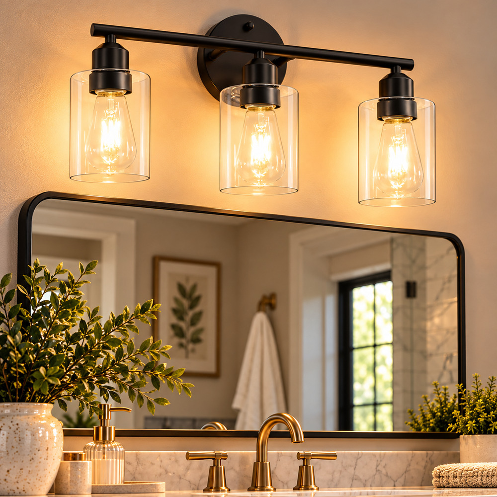 3-Light Black Bathroom Vanity Light – 17.3", Clear Glass Shades